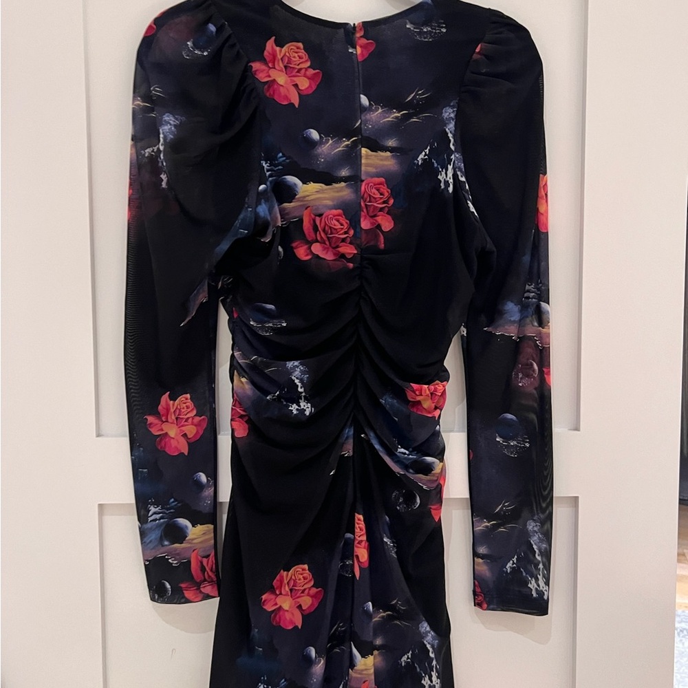 Ganni Printed Mesh Gathered Mini Dress Size 36 - Picture 2 of 4
